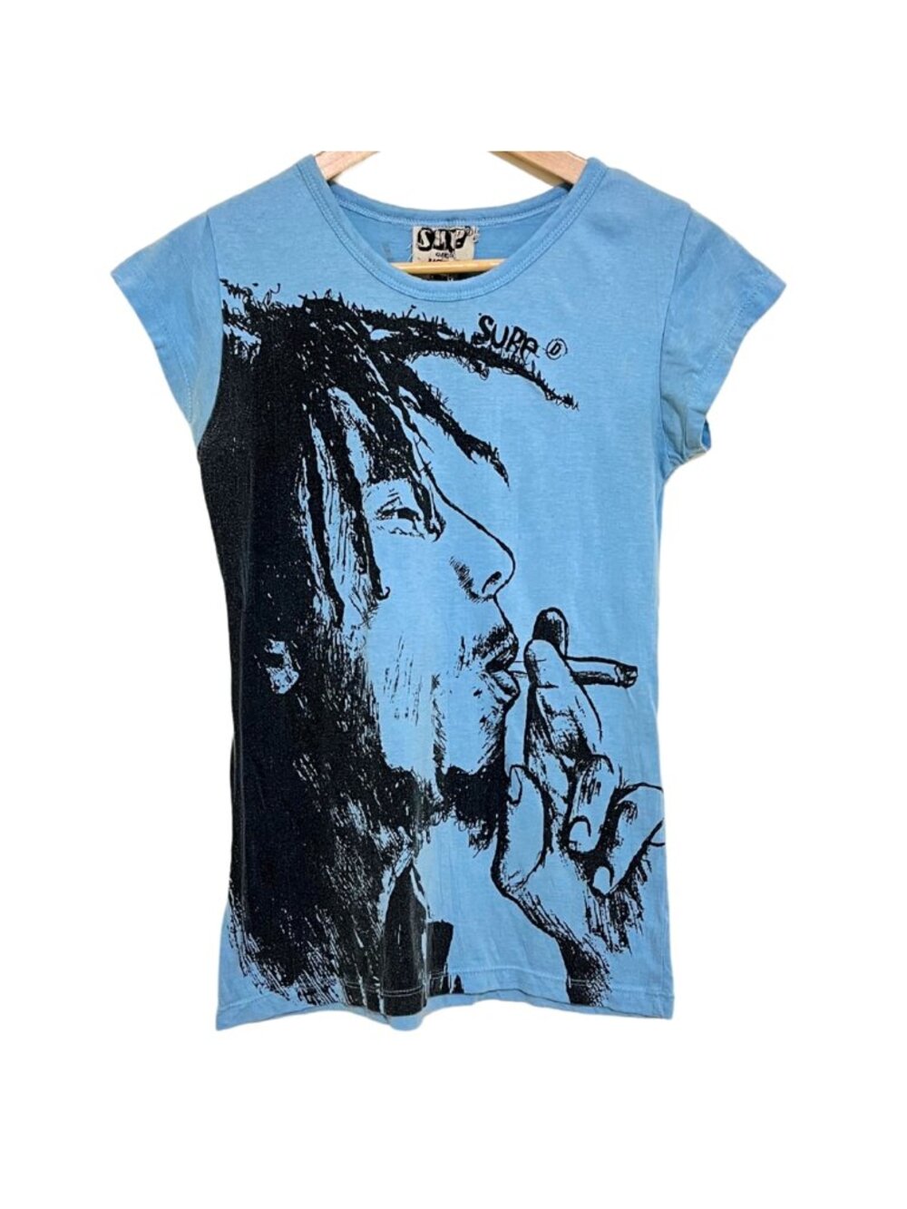 SURE Bob Marley Smoking Graphic Baby Blue Cotton Crew-Neck T-Shirt – S